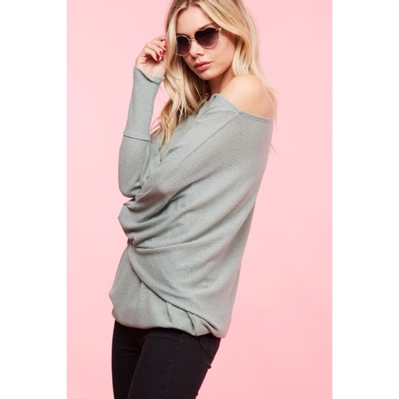 LAST ONEOff the Shoulder Textured Knitted Top-SAGE - Picture 2 of 5